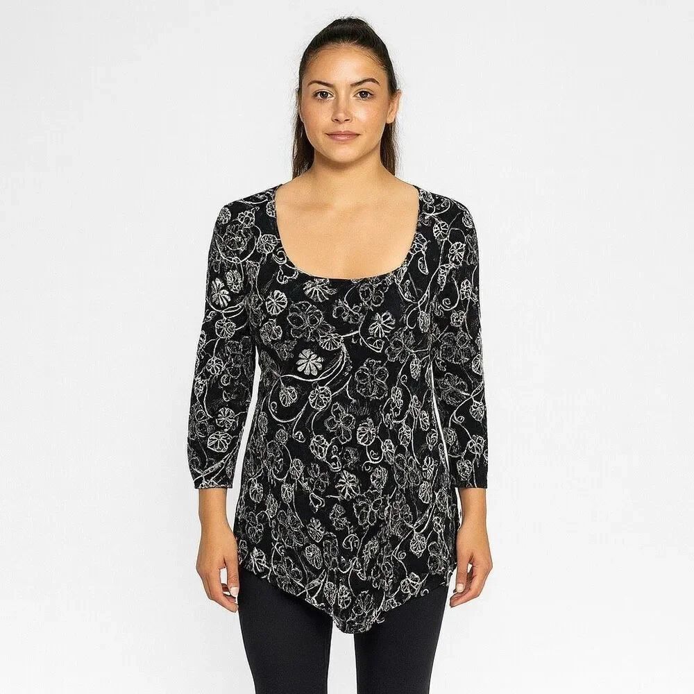 Style & Co Black and White Lacrosse Round Neck 3/4 Quarter Sleeve Blouse size XL